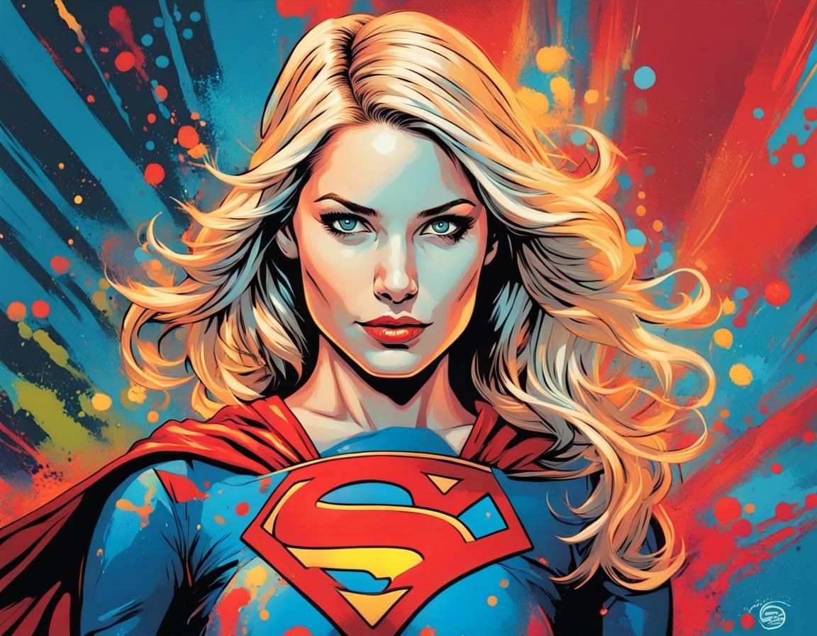 Supergirl in Pop Art Style with Paint Splashes