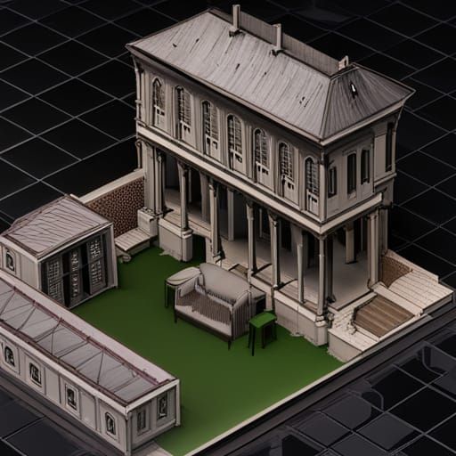 pre-rendered isometric diorama of courtyard in old haunted mansion