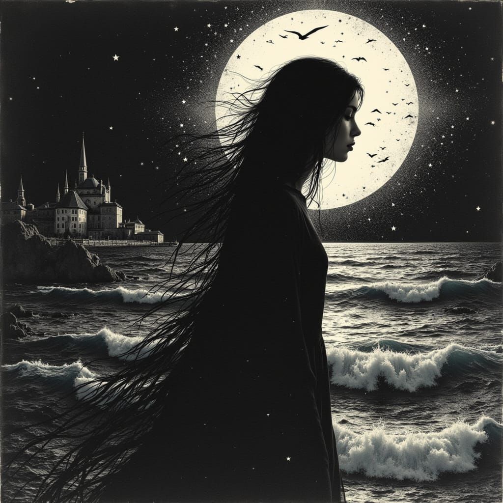 Psychological Surrealism: Woman on Cliffs Amidst Dark Citysc...