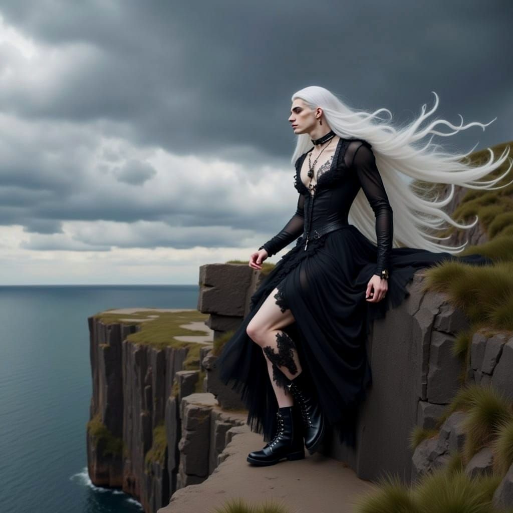 Goth Man in Lace Dress by the Sea