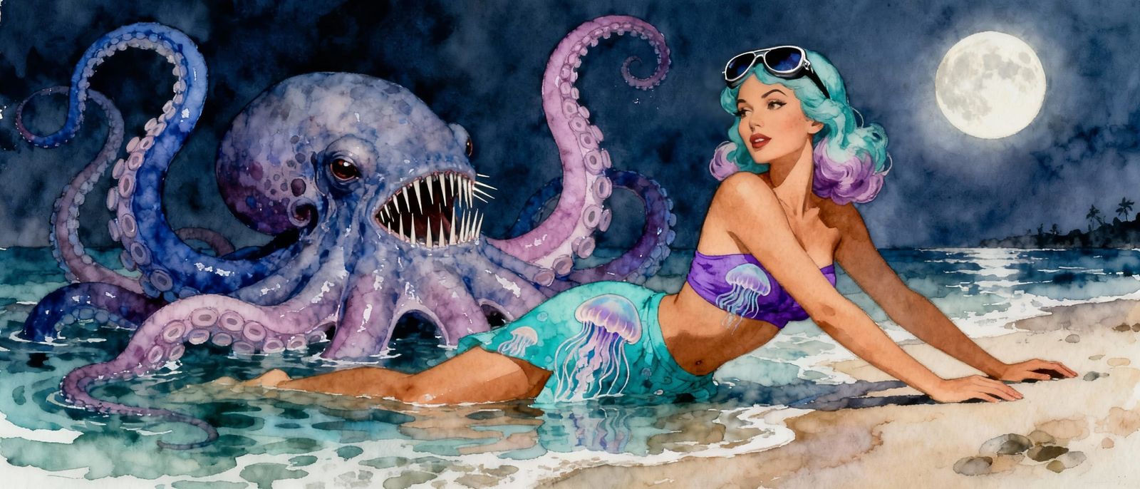 Kraken and Woman Basking in Tide Pool, Pinup Style