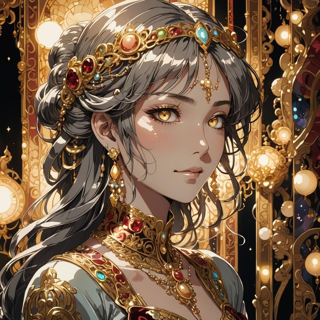 Avarice in Opulent Chamber: Vibrant Anime Line Art