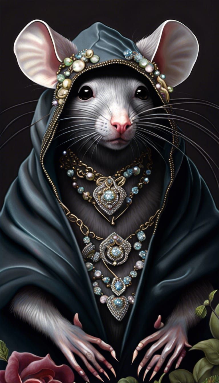 Jeweled Rat in Dark Garden: Hyperrealistic Romance