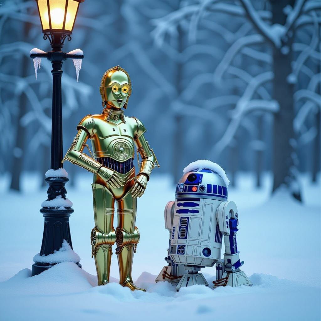C-3PO and R2-D2 Lost in Narnia, Whimsical Illustration