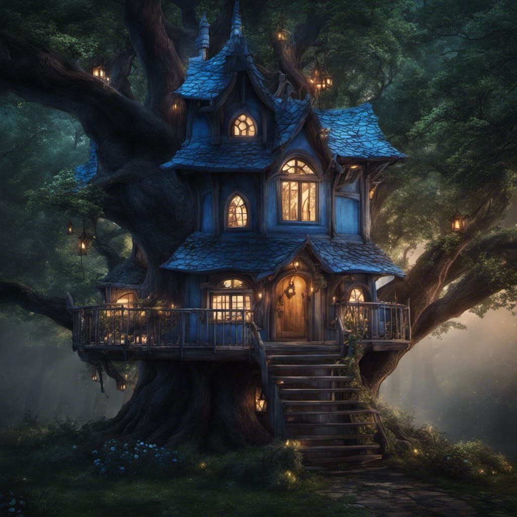 Enchanted Elven Treehouse in Blue Evening Light