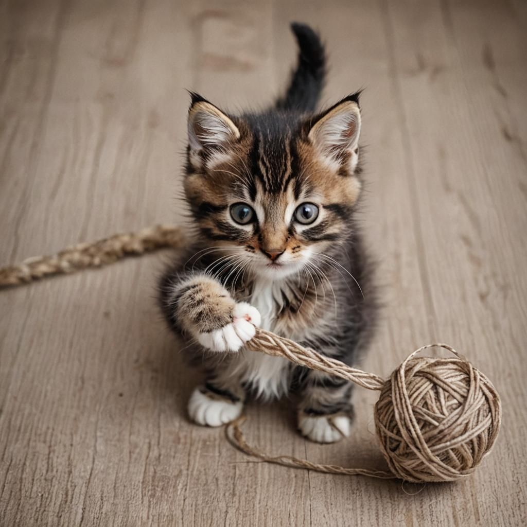 Kitten Plays with Yarn in Cozy, Realistic Photo