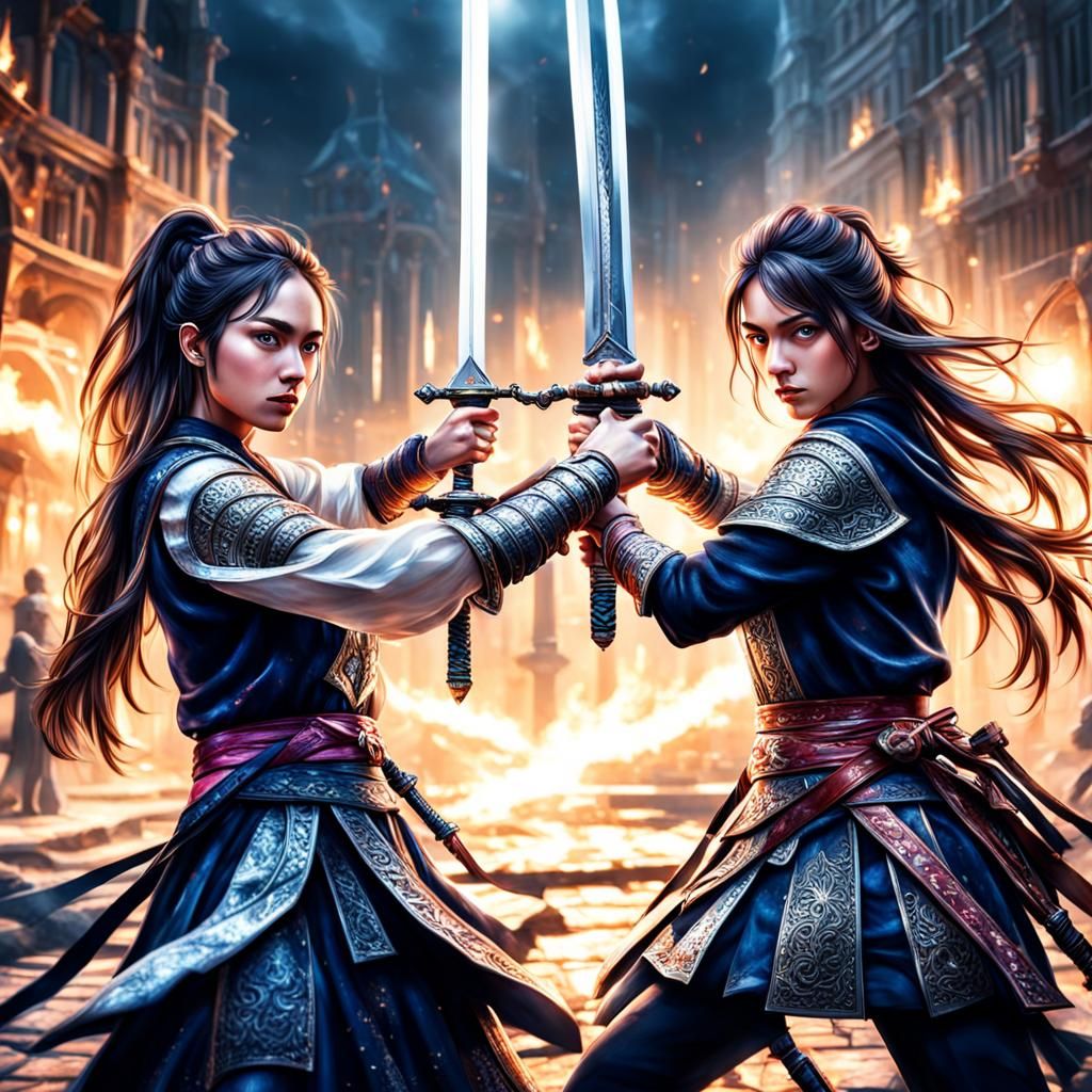 Hyperrealistic Sword Fight Between Two Girls