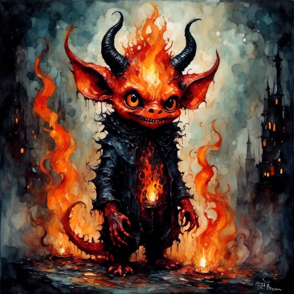 Adorable Fire Demon in Fauvist Alcohol Ink Style