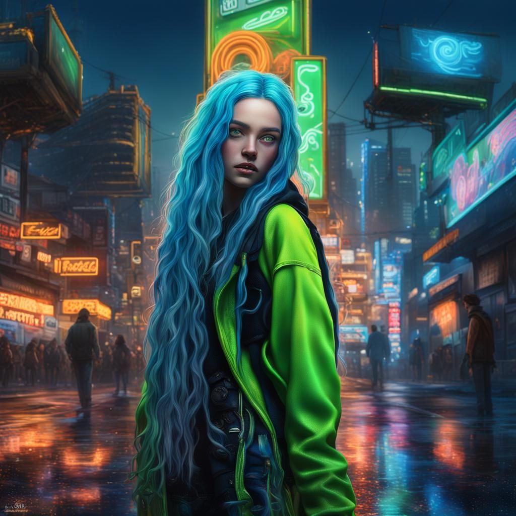 Stunning Blue-Haired Girl in Sci-Fi Neon Sunset