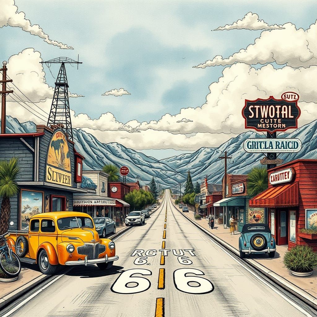 Retro American Route 66 Hand-Drawn Illustration