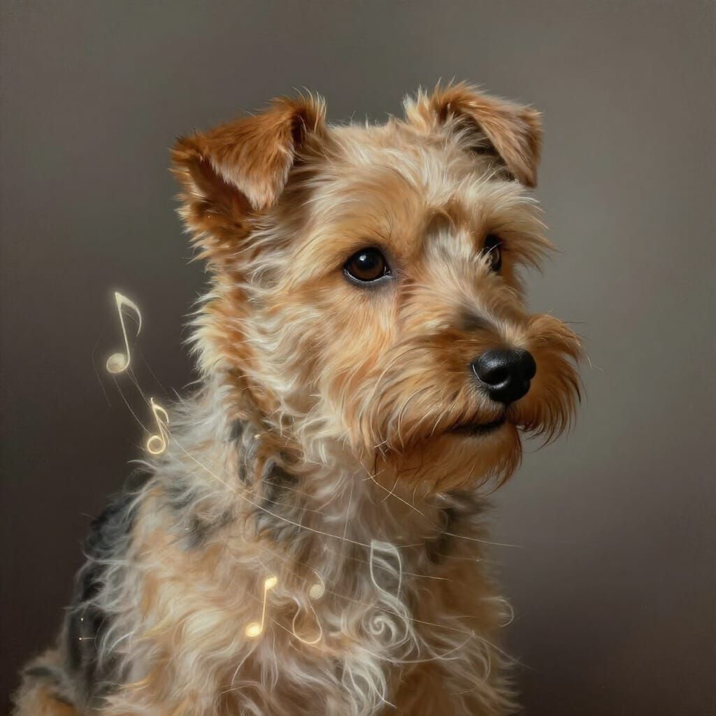 Fluffy Terrier Portrait with Glowing Musical Threads