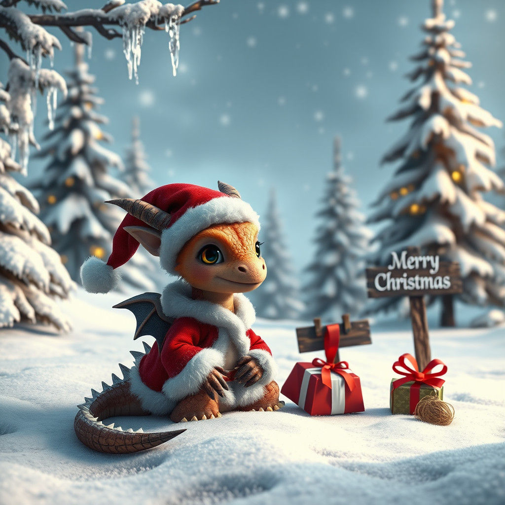 Festive Dragon in Santa Suit, Winter Wonderland Scene