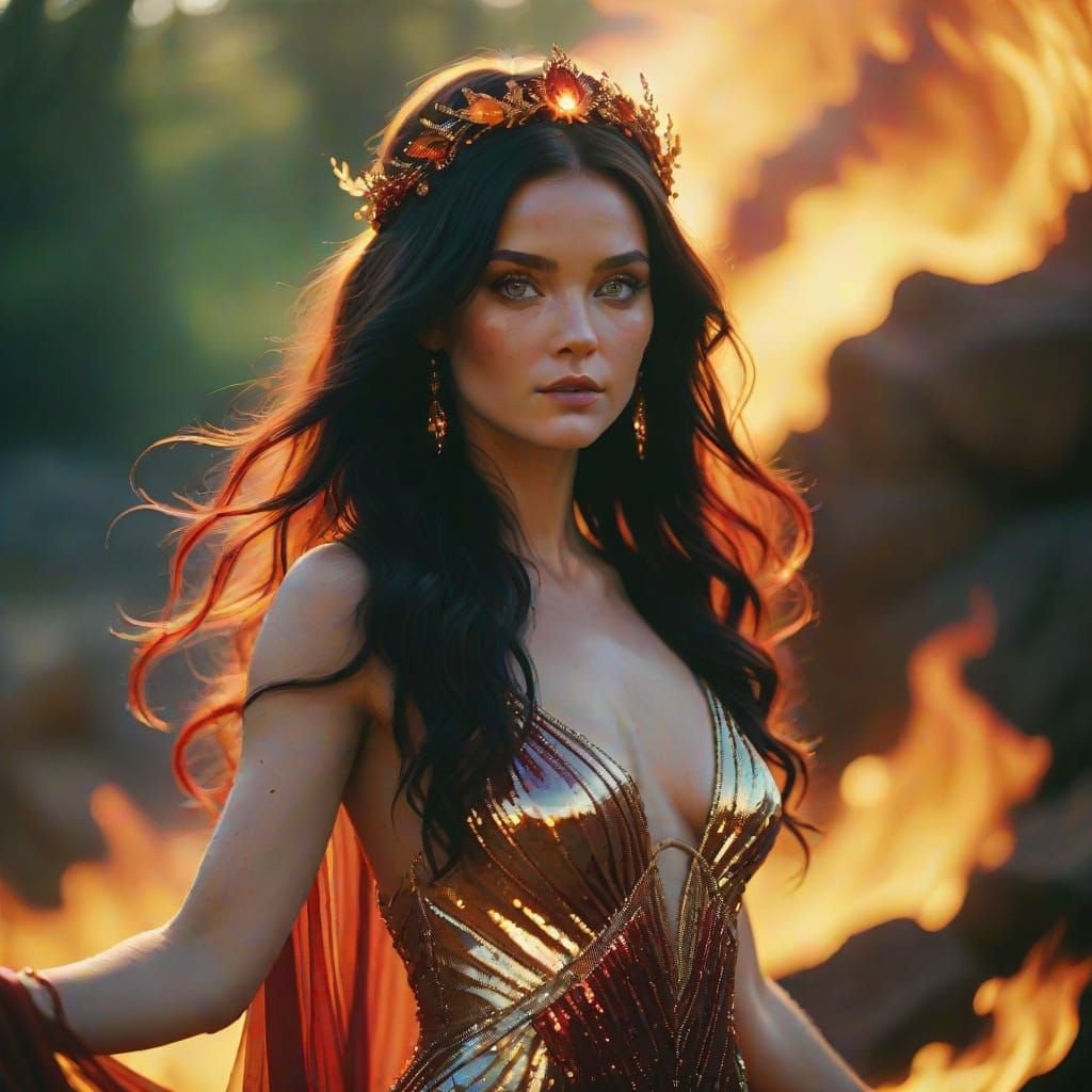 Ethereal Goddess of Fiery Splendor in Shimmering Gold