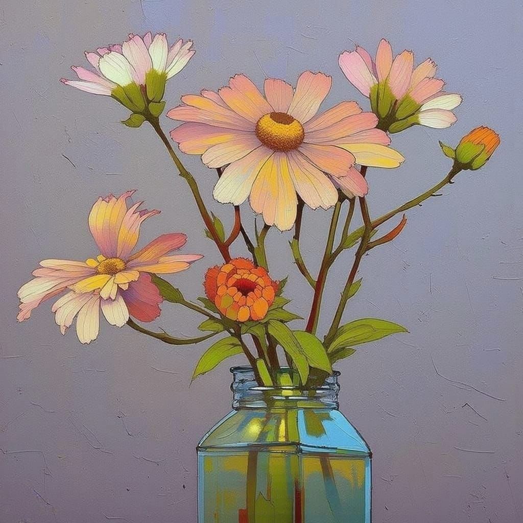 Grey Vase Filled with Blooming Flowers