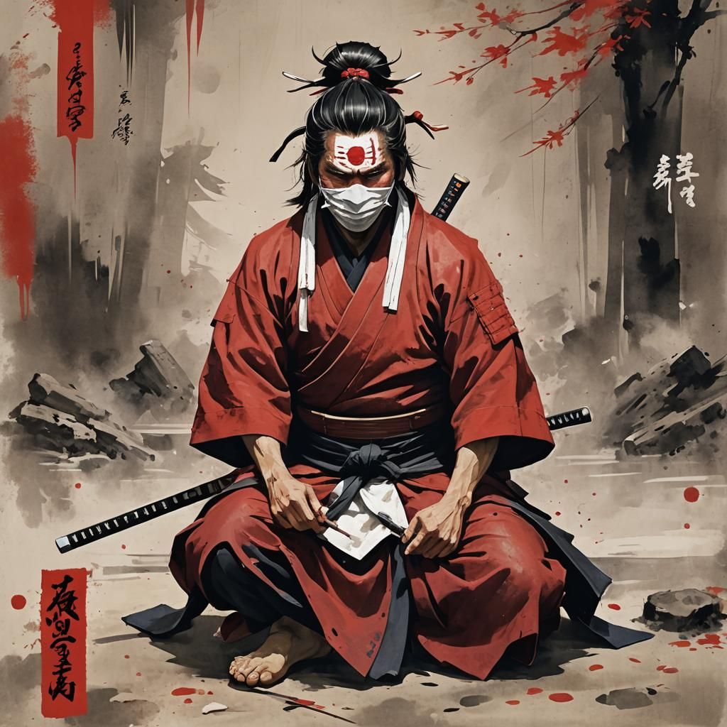 Menacing Samurai Warrior with Katana and Oni Mask