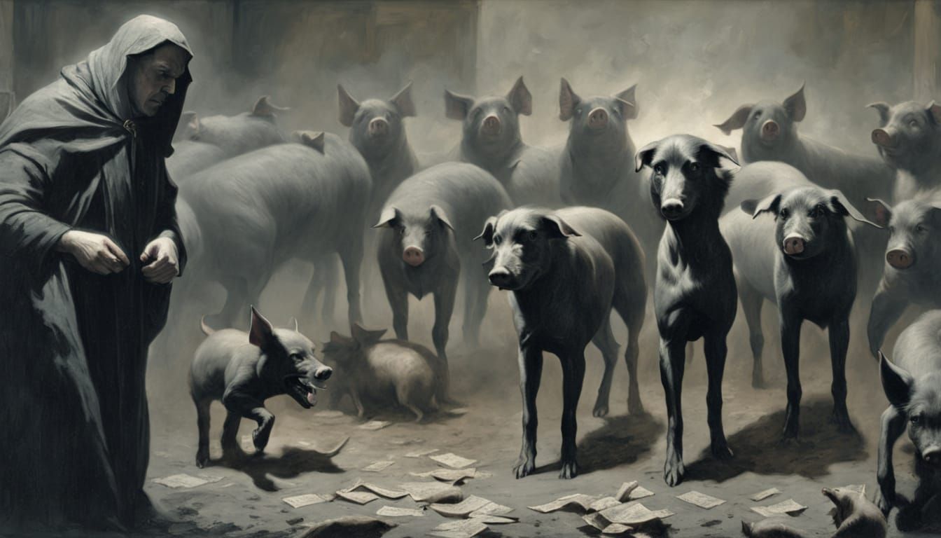 Grubby Priest and Dog in Pig Sty - Vintage Photo