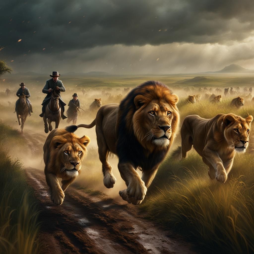 Prairie Lions Chase: Detailed Matte Painting