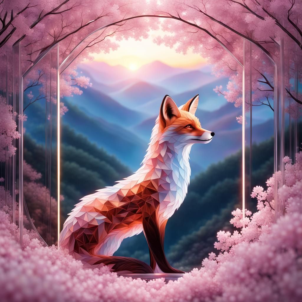 Glass Fox Gazing at Fractal Light Portal