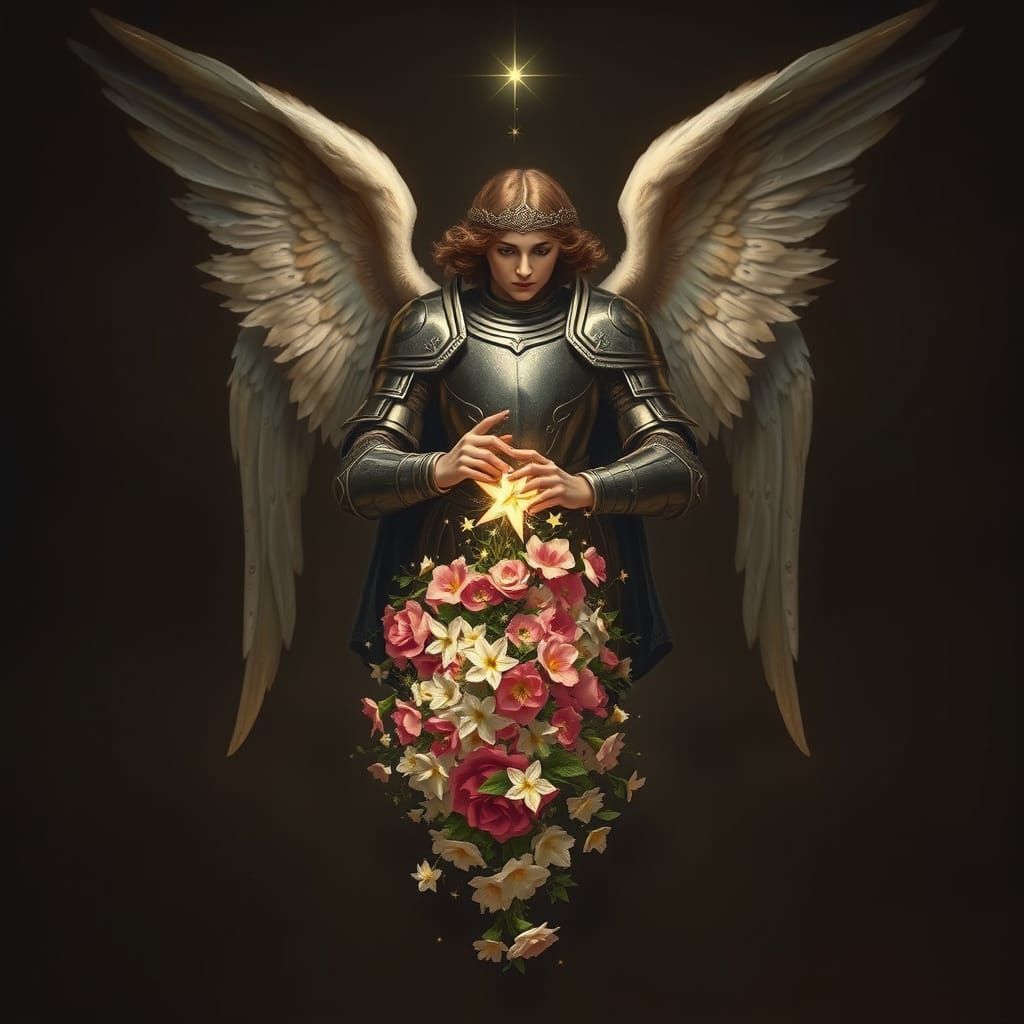 Renaissance Angel Descends with Starlight Bouquet