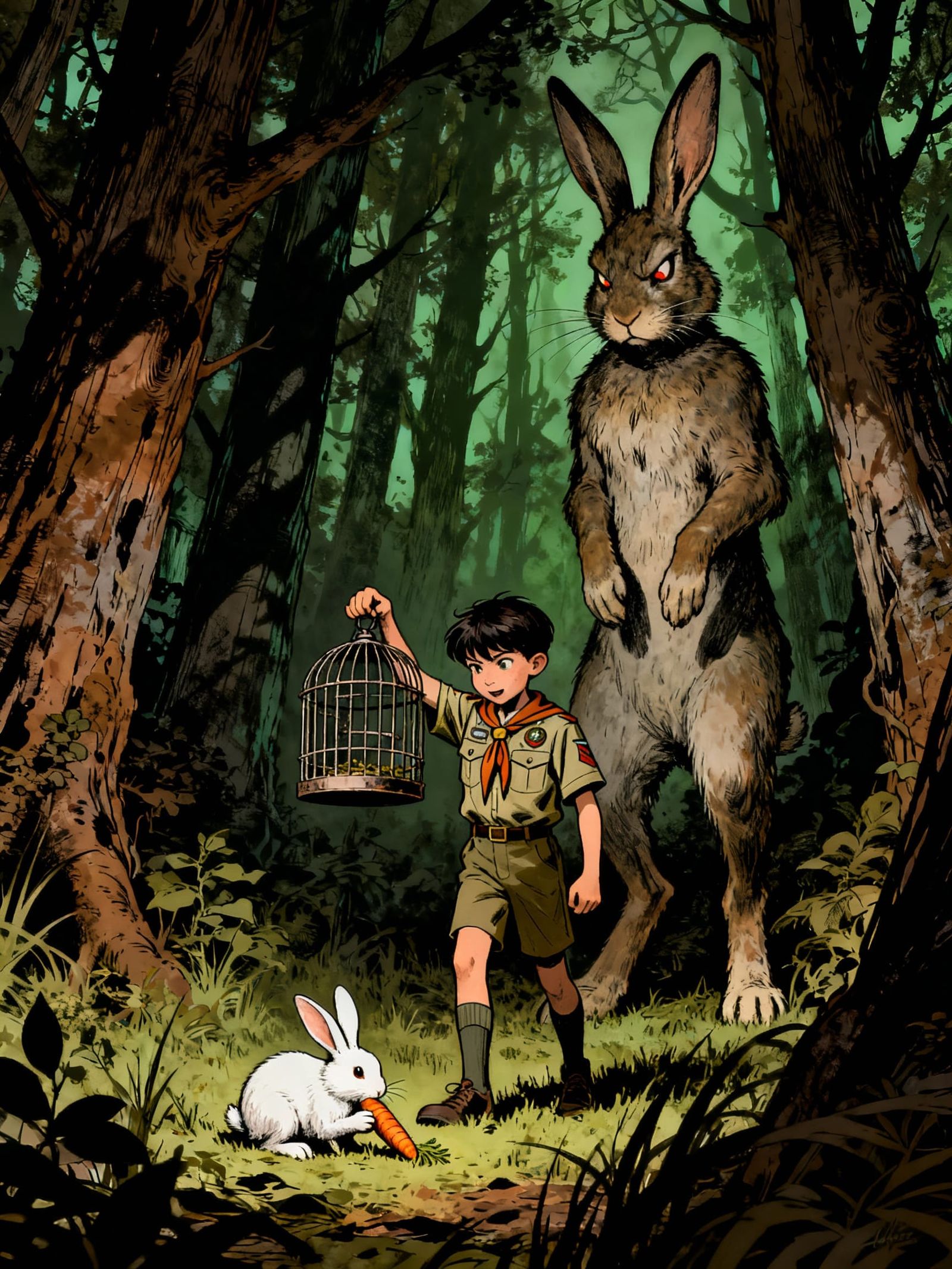 Mischievous Scout Traps Rabbit in Forest