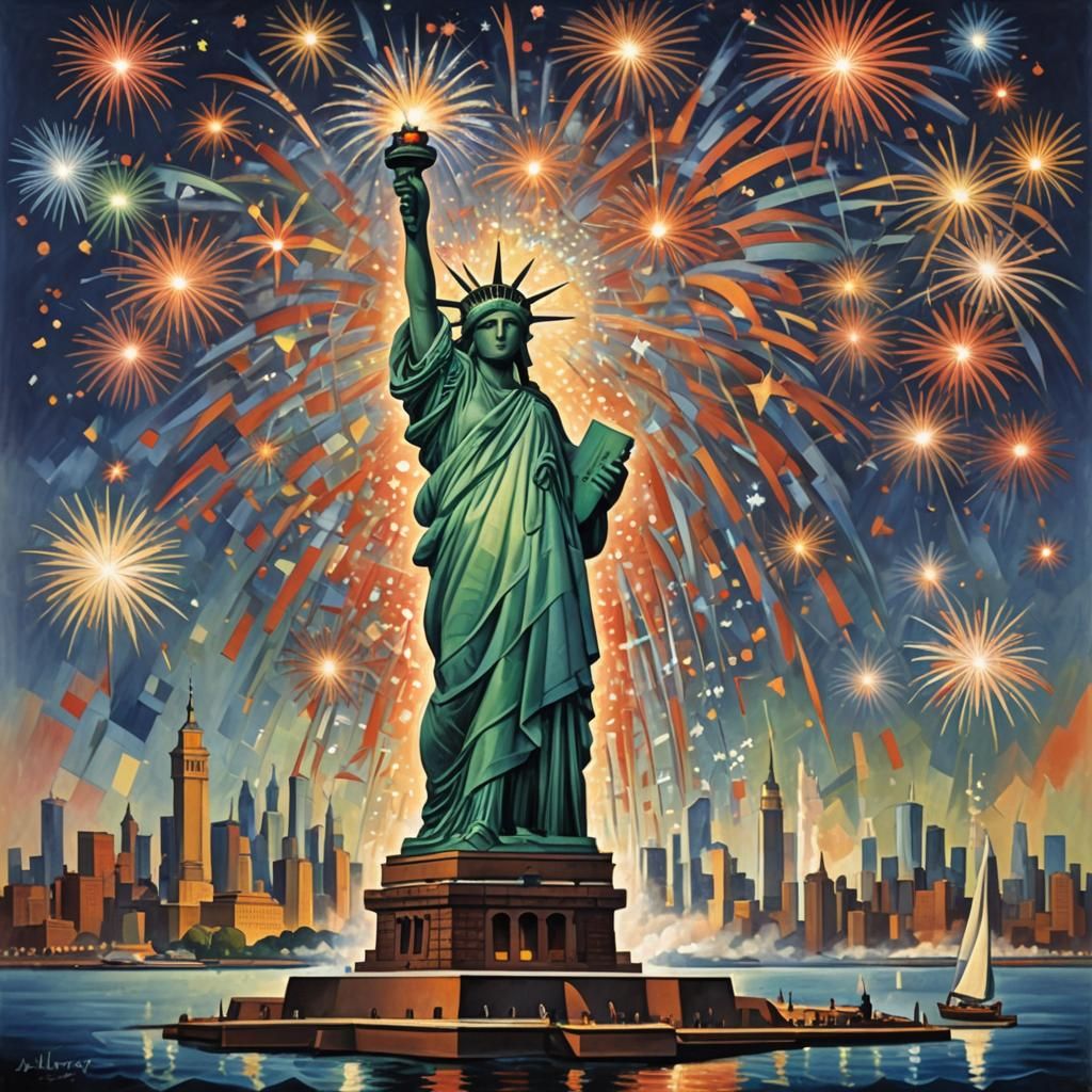 Abstract Cubist Statue of Liberty Fireworks