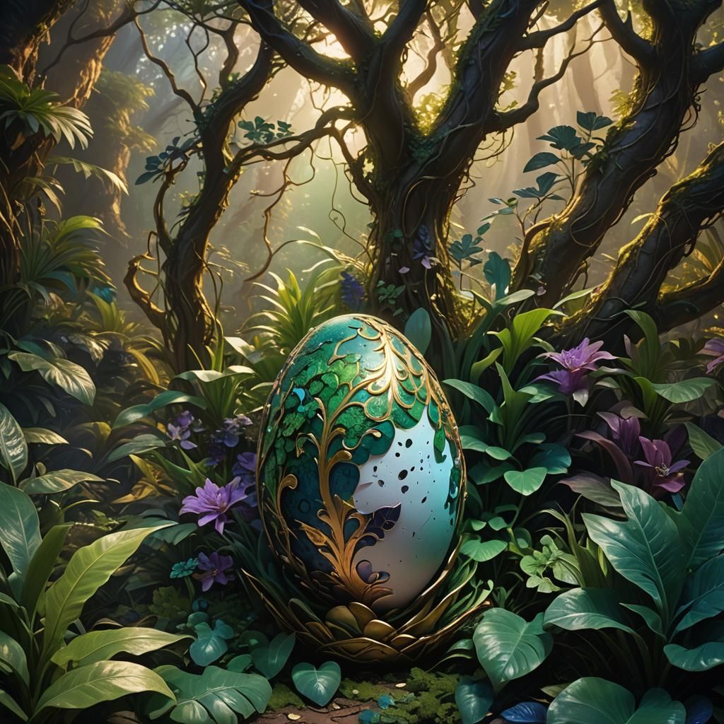 Mystical Egg with Lush Plants in Fantasy Art