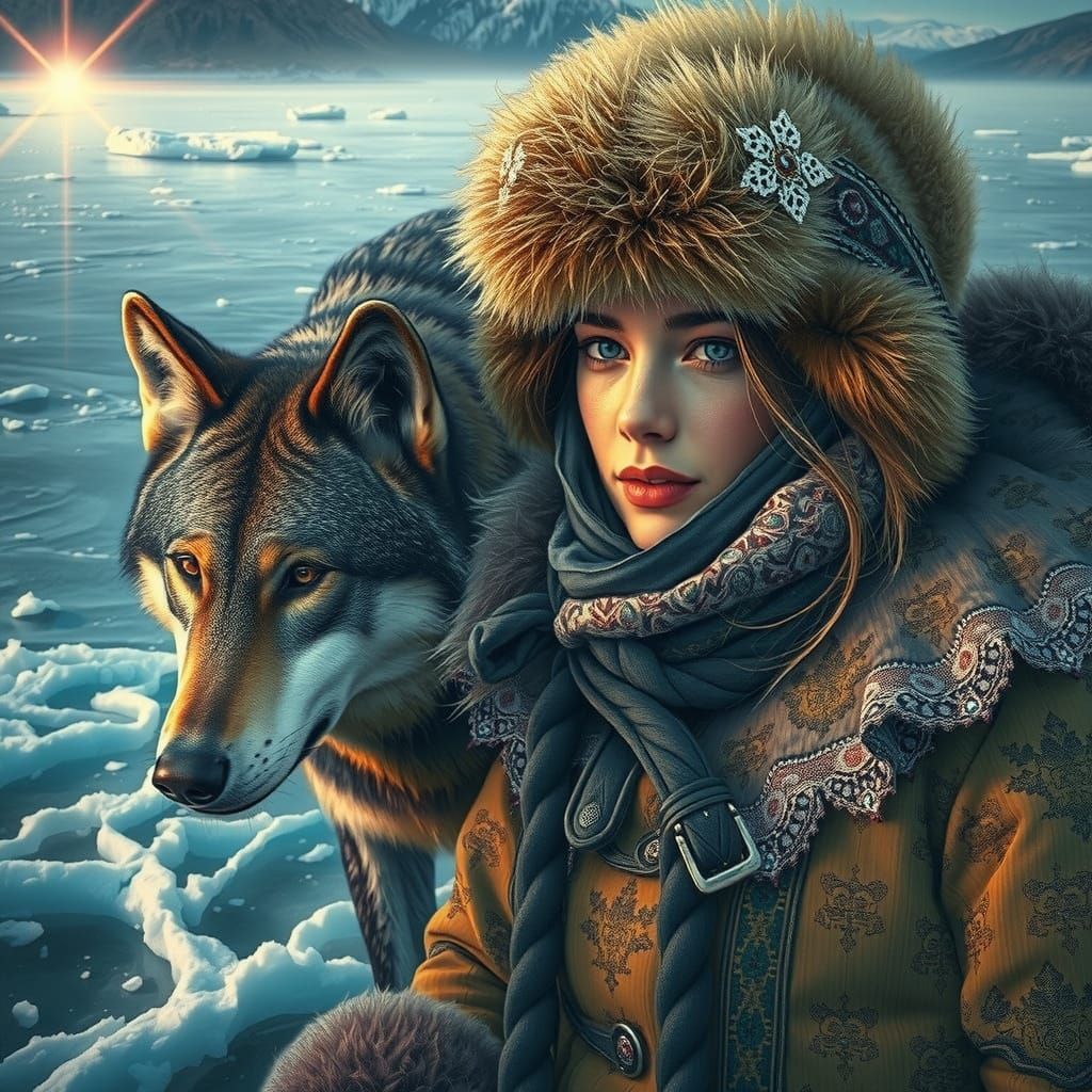 Nomadic Woman and Wolf on Frozen Lake