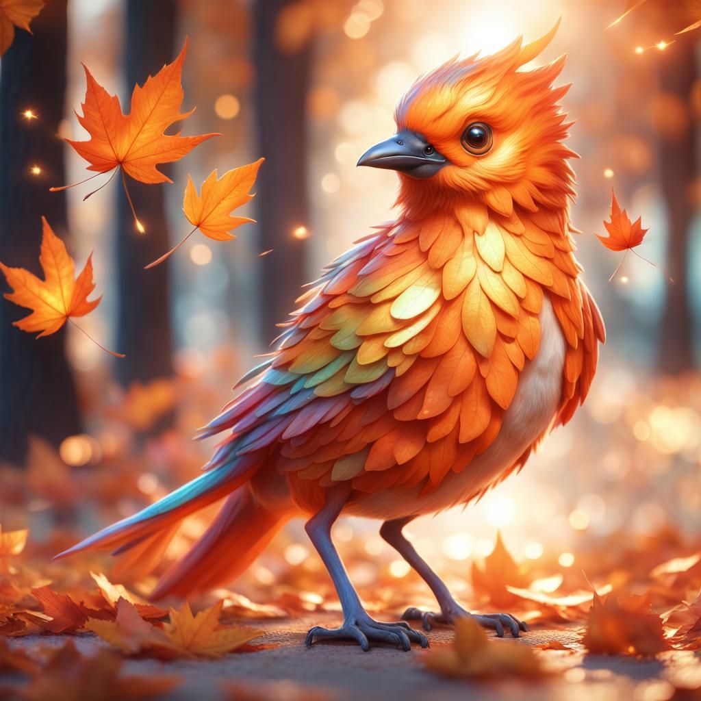 Cute Autumn Bird in a Fantasy Landscape