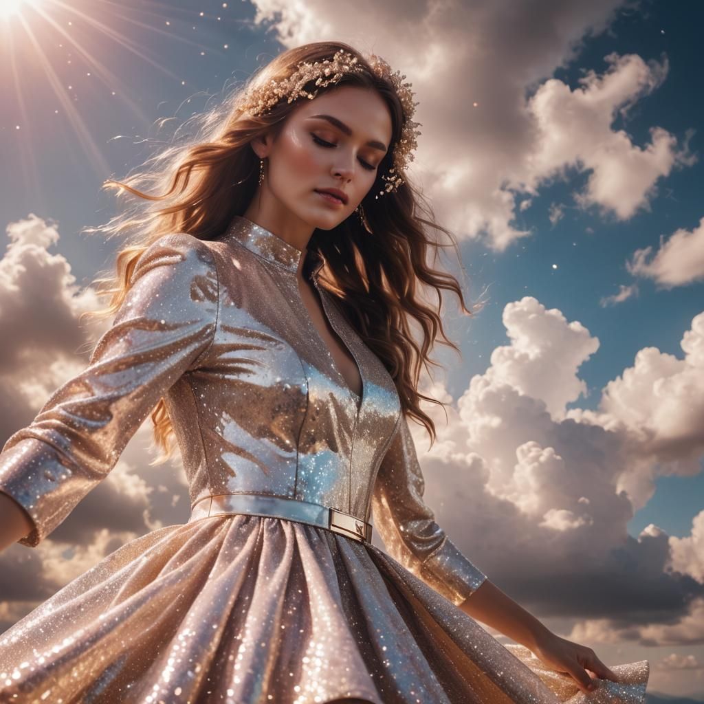 Woman in Glitter Dress Bathed in Sunshine