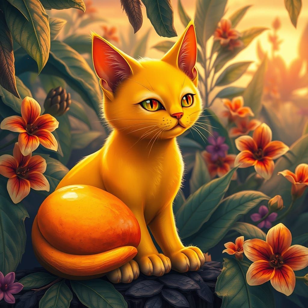 Feline-Mango Hybrid in Vibrant, Surreal Paradise