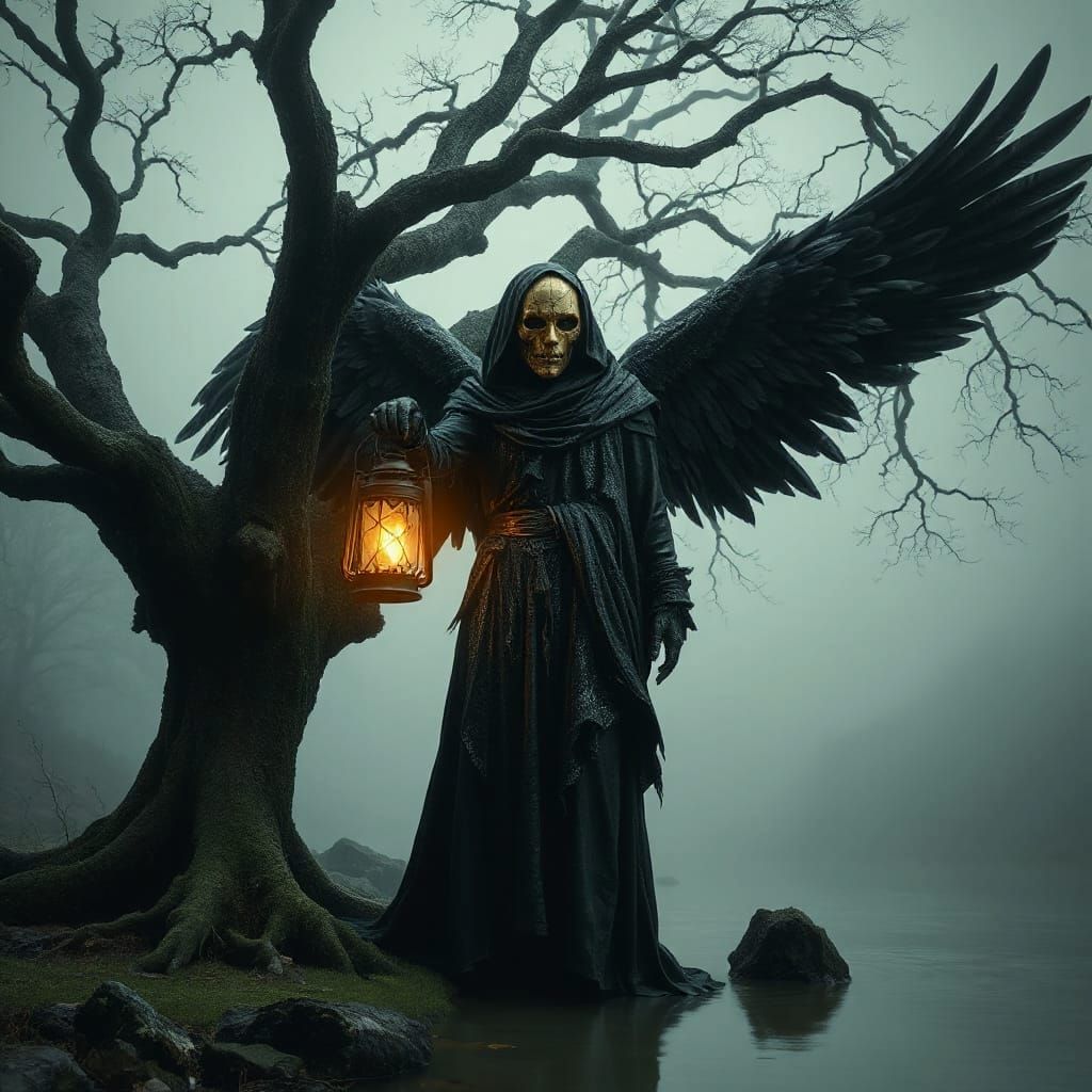 Ethereal Angel of Death Guides Souls Across Misty Waters