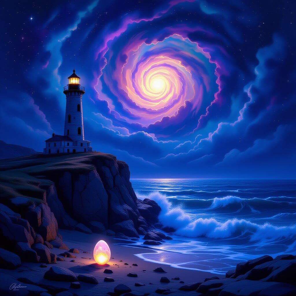 Ancient Lighthouse Amidst Cosmic Ocean and Nebulae