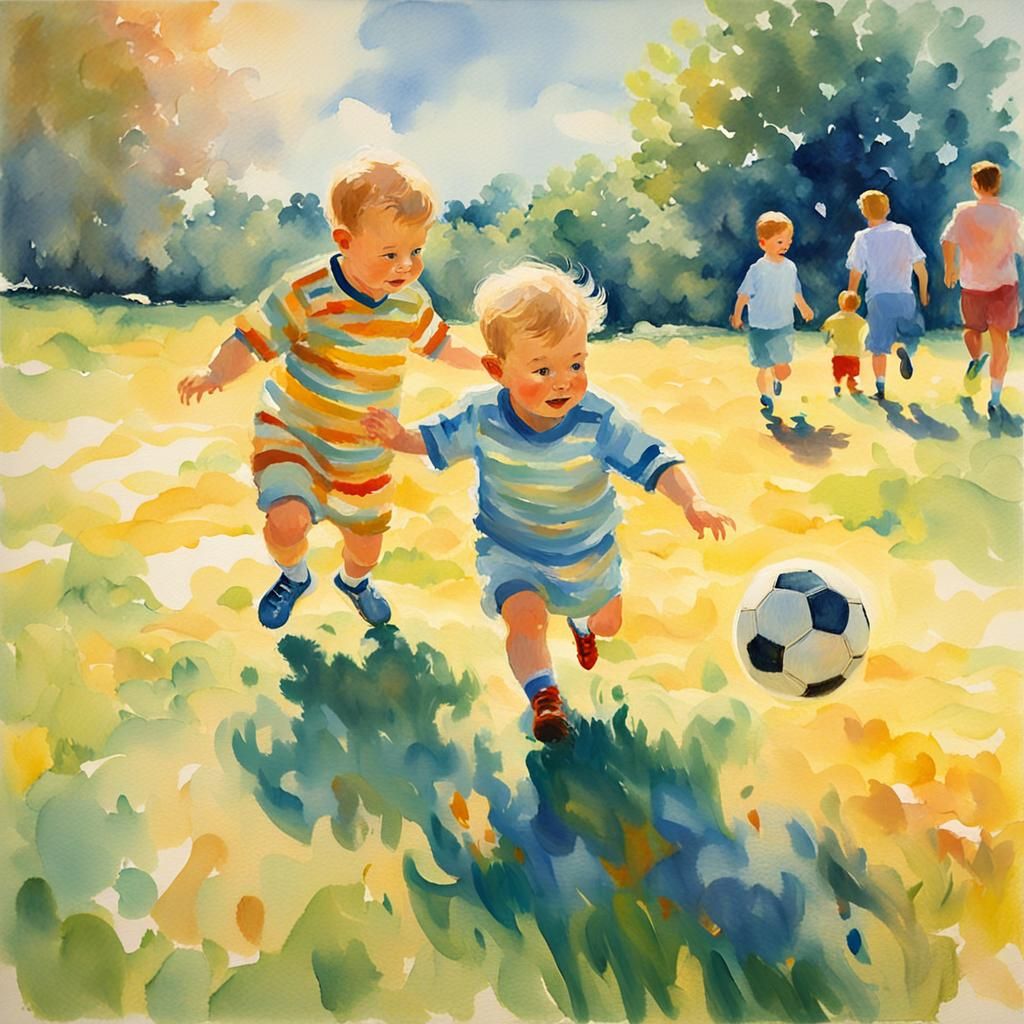 Baby Boy Playing Football as Impressionist Painting