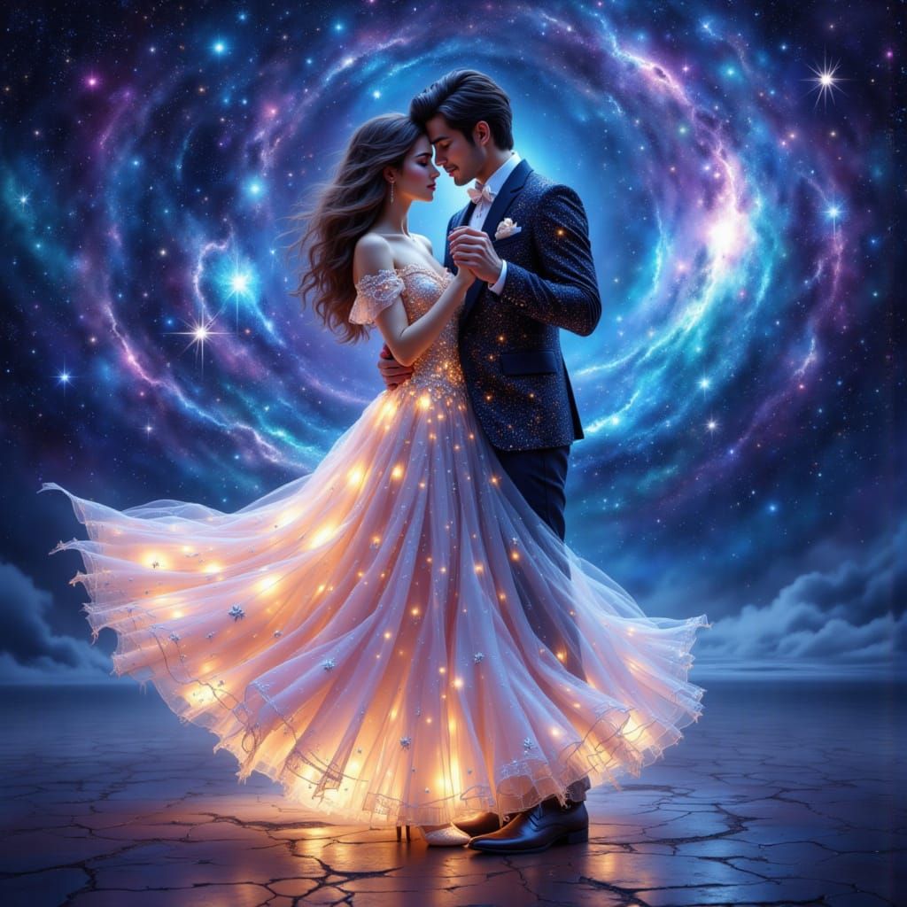Couple Waltzing in Nebula of Starlight Gowns