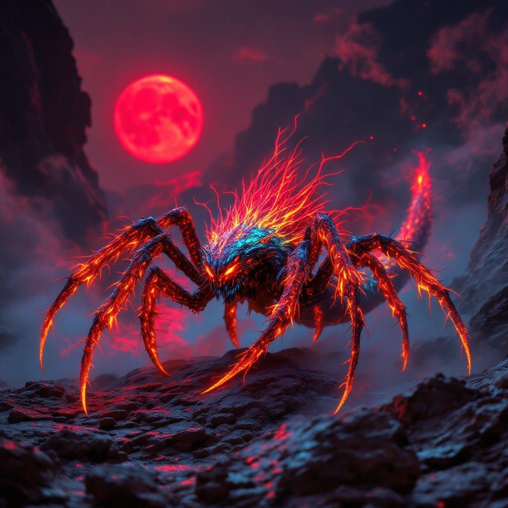 Fearsome Spider-Dragon Hybrid in a Neon Landscape