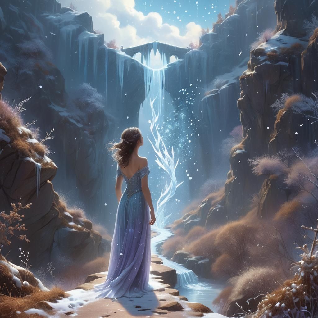 Ethereal Woman Conjures Icy Bridge in Snowy Fantasy