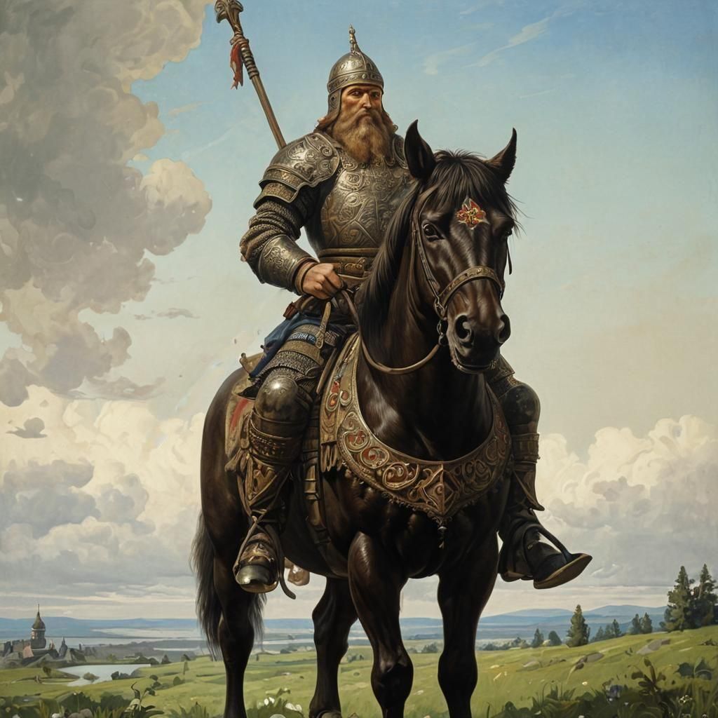 Russian Bogatyr in Lubok Print Style