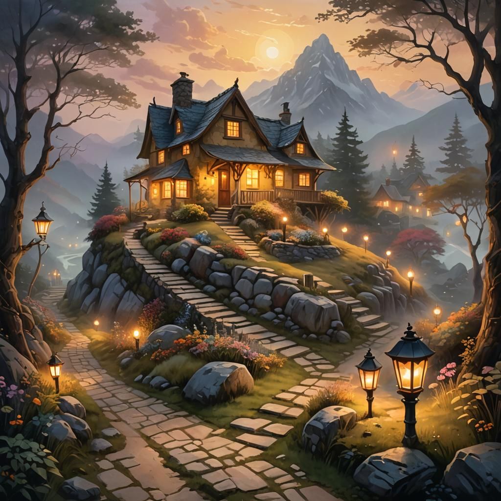 Enchanted Cottage in Misty Mountain Landscape