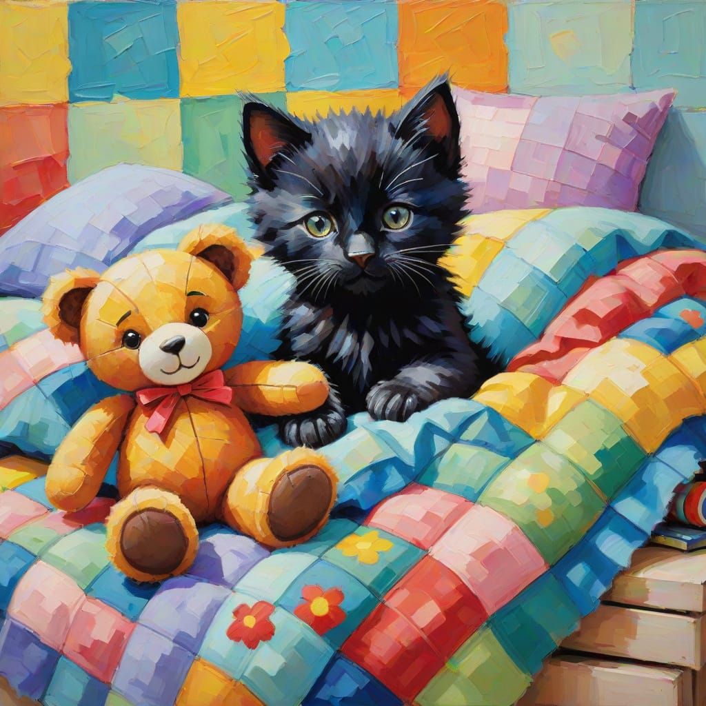 Whimsical Neo-Impressionist Portrait of a Black Kitten and T...