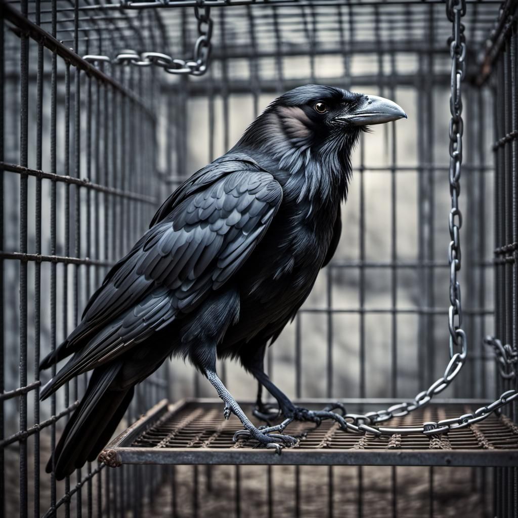 Hyperrealistic Raven Trapped in a Metal Cage