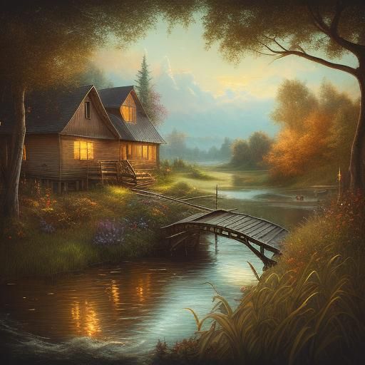Idyllic Farmhouse Scene with Cat as Matte Painting