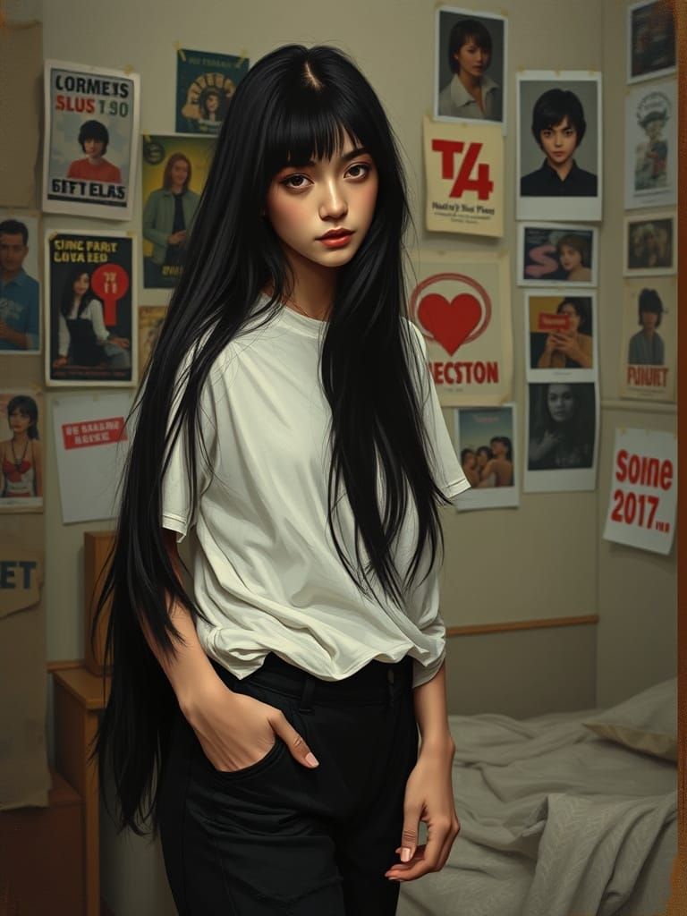 Surreal Young Woman in Nostalgic Bedroom with Indie Aestheti...