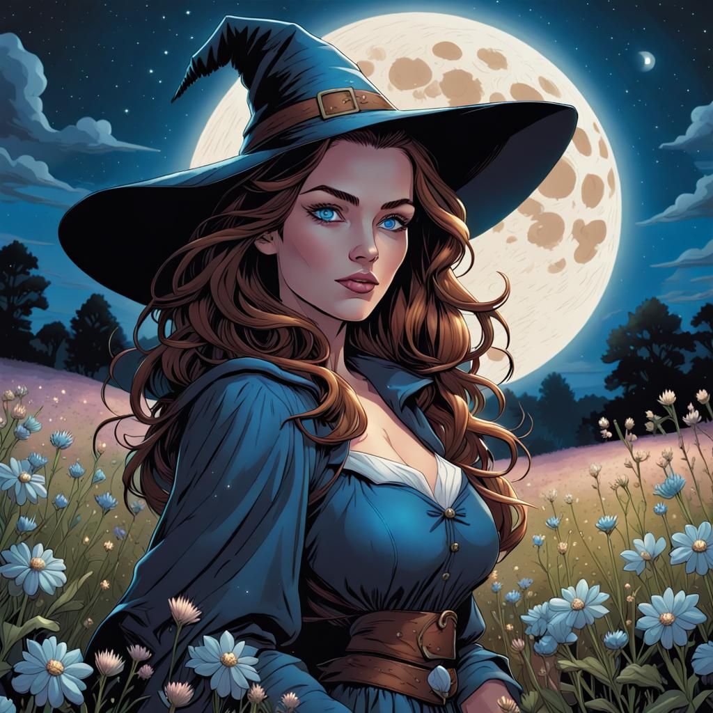 Female Witch in Flower Field at Night, Comic Art