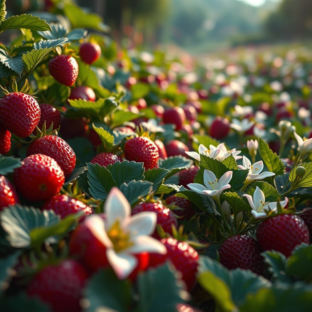 Vibrant Strawberry Field with Lilies in Digital Painting Sty...