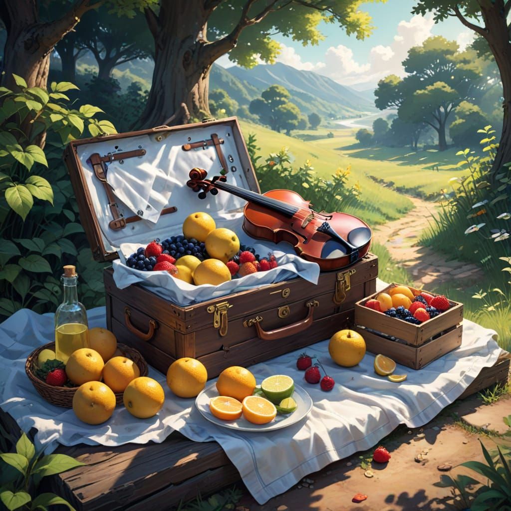 Anime Picnic Basket with Violin and Poetry