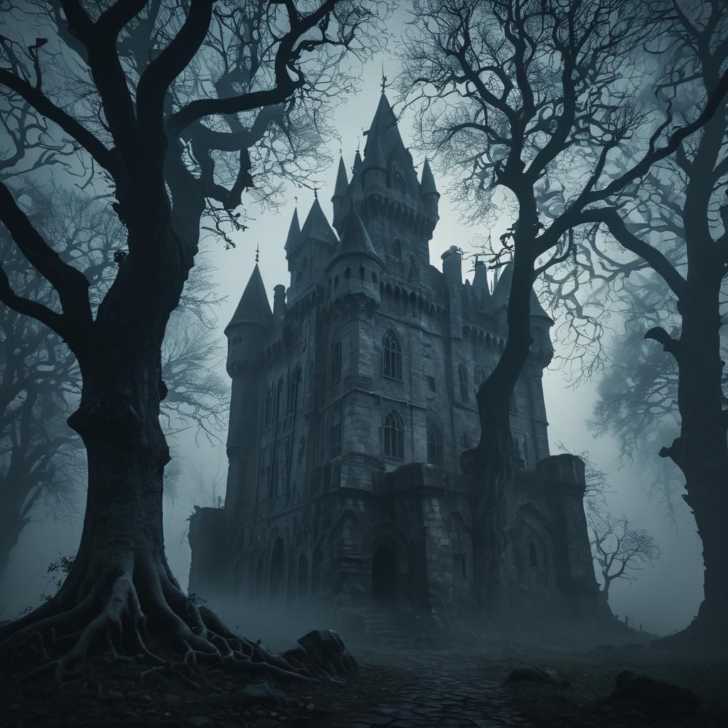 Mystical Castle Shrouded in Twilight Fog