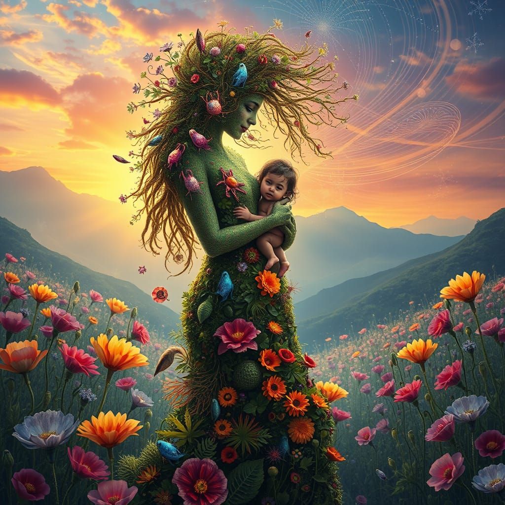 Mother Embodied in Nature, Cradling Celestial Child Amidst H...