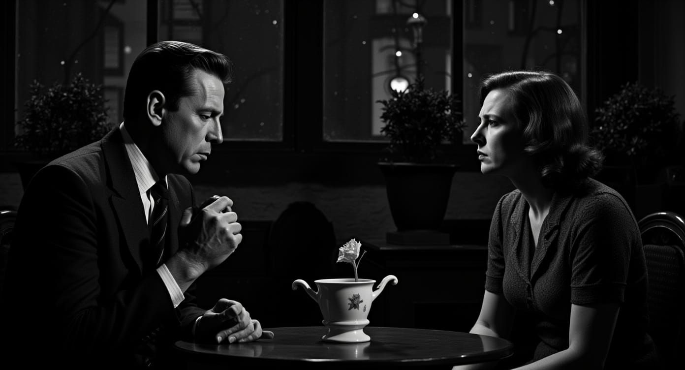 Monochromatic Film Noir Scene with Man and Woman