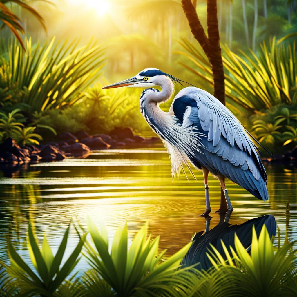 Adorable Heron in Hawaiian Wetlands: 3D Digital Art