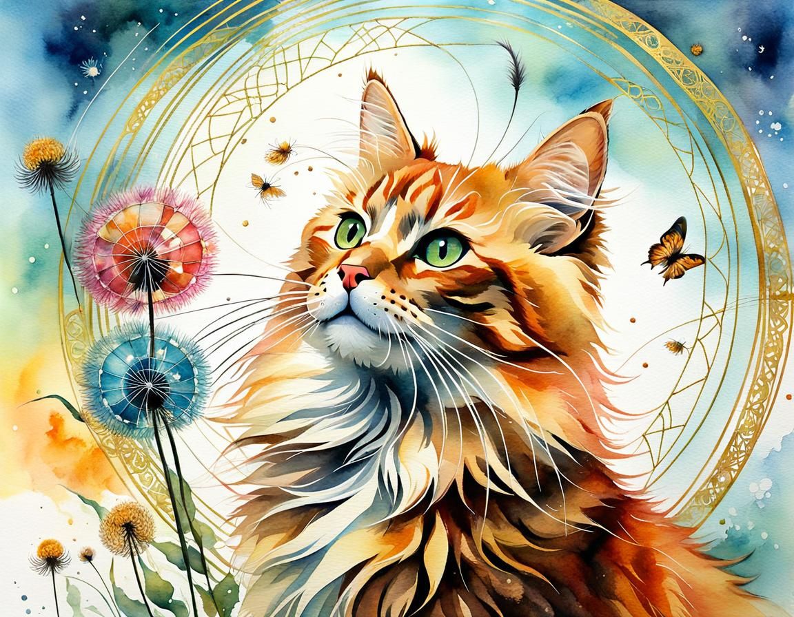 Ginger Cat with Dandelion Seeds in Aquarelle Painting